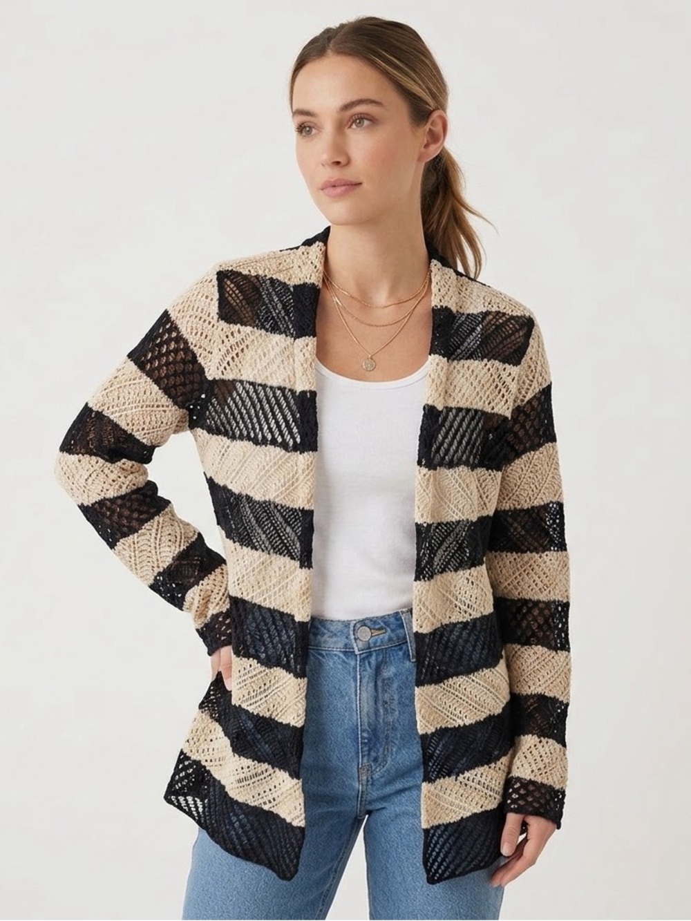 LRL Lauren Jeans Co Ralph Lauren Black Beige Crochet Open Cardigan Sz M